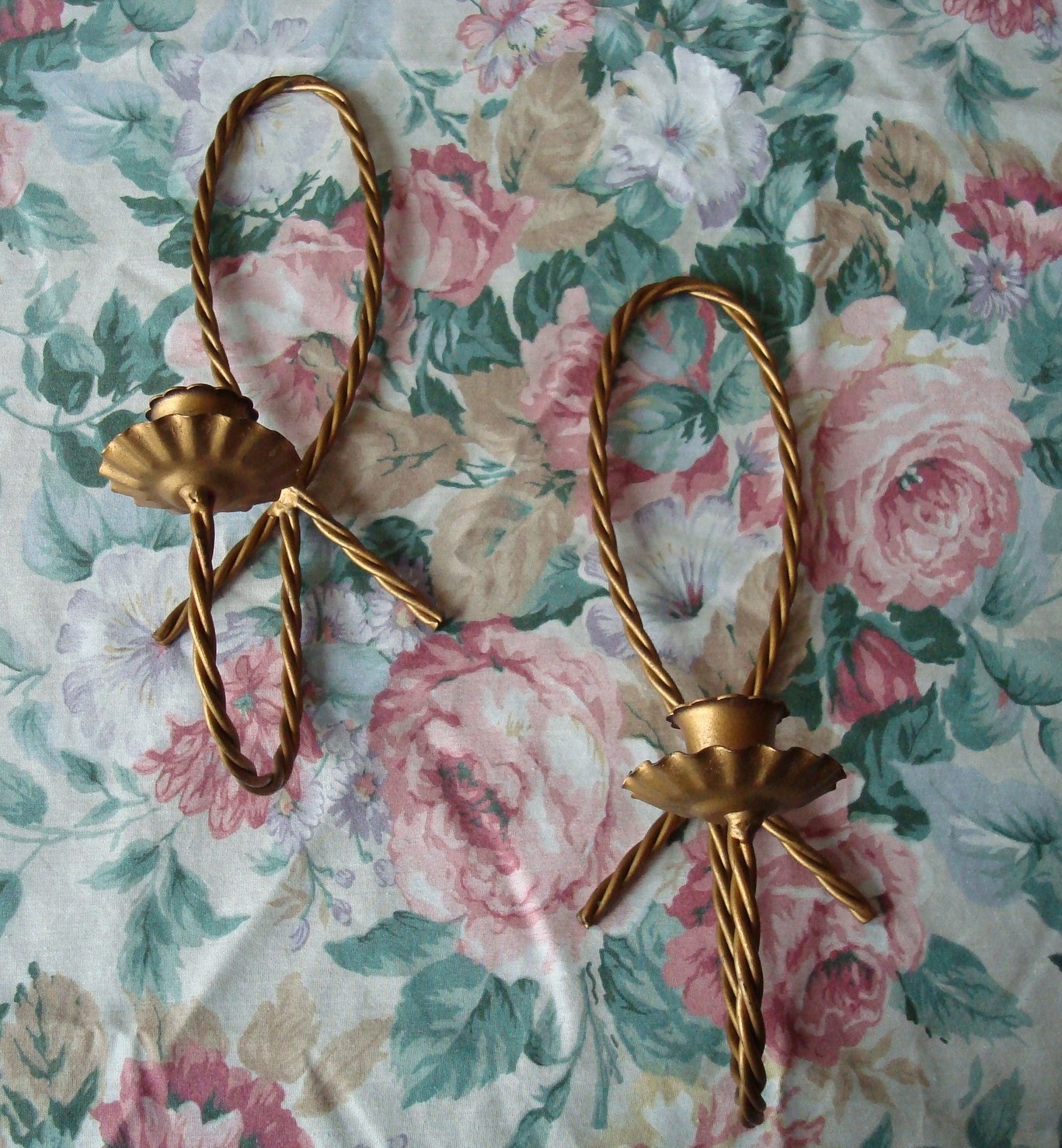 Vintage metal wall sconce pair twisted rope metal set gold tone candle holders shabby chic French cottage style