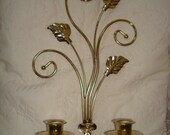 Vintage metal wall sconce wall candle holder leaf pattern double wall sconce gold tone shabby chic  cottage style.