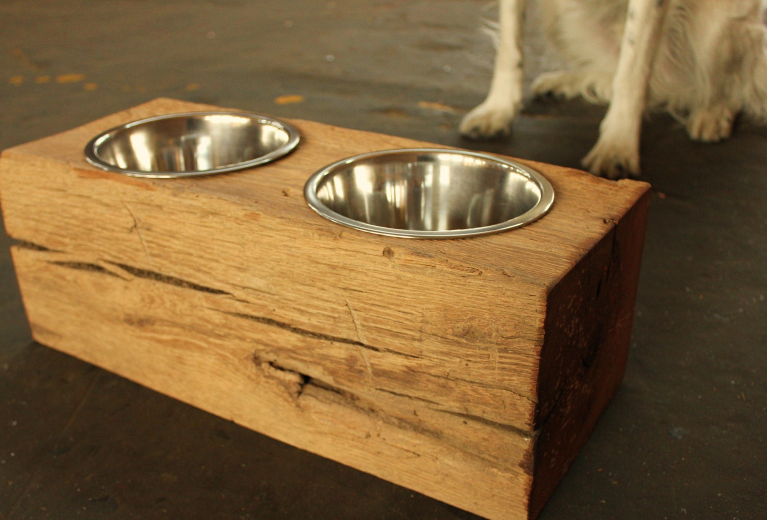 Wood Dog Dish Holder reclaimed  barn beam 2 BOWL MEDIUM