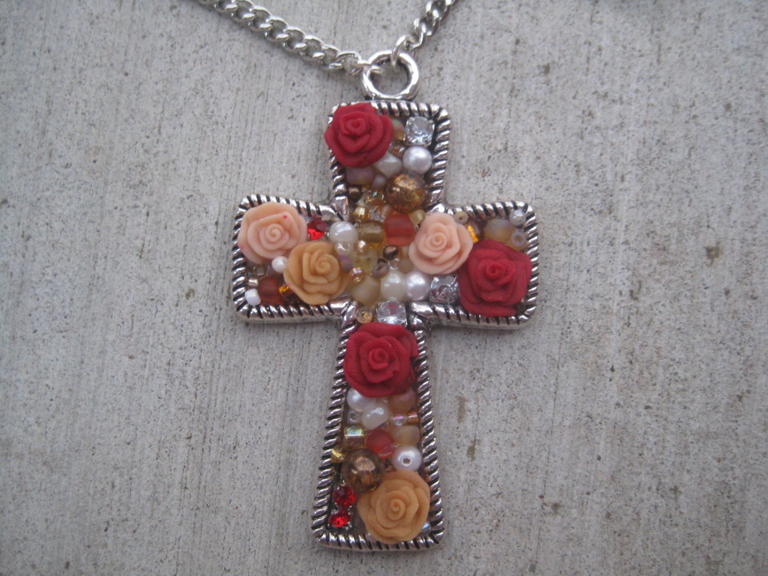Dark Red and Beige Rose- Cross Pendant Necklace