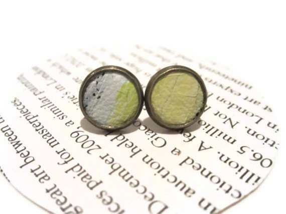 Yellow and Black Leather Stud Earrings, Leather Earrings, Earstuds, Ear Stud Earring