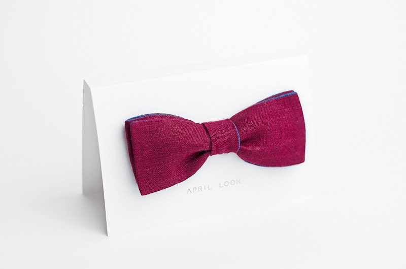 Burgundy bow tie, blue - double sided