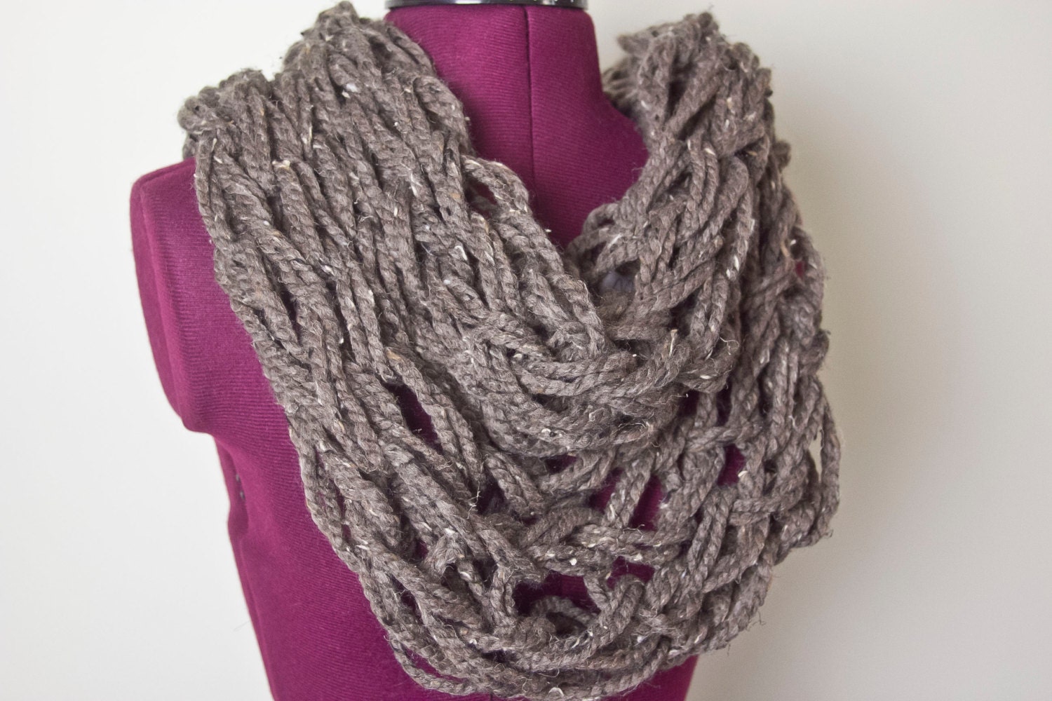 Large Knit Chunky Wool Blend Infinity Scarf in Barley