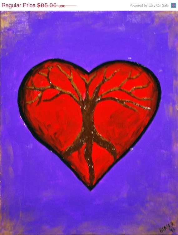 50% Off 1 week only Abstract Tree Painting Acrylic Peace sign Heart 11x14 Love Grows purple brown red gold