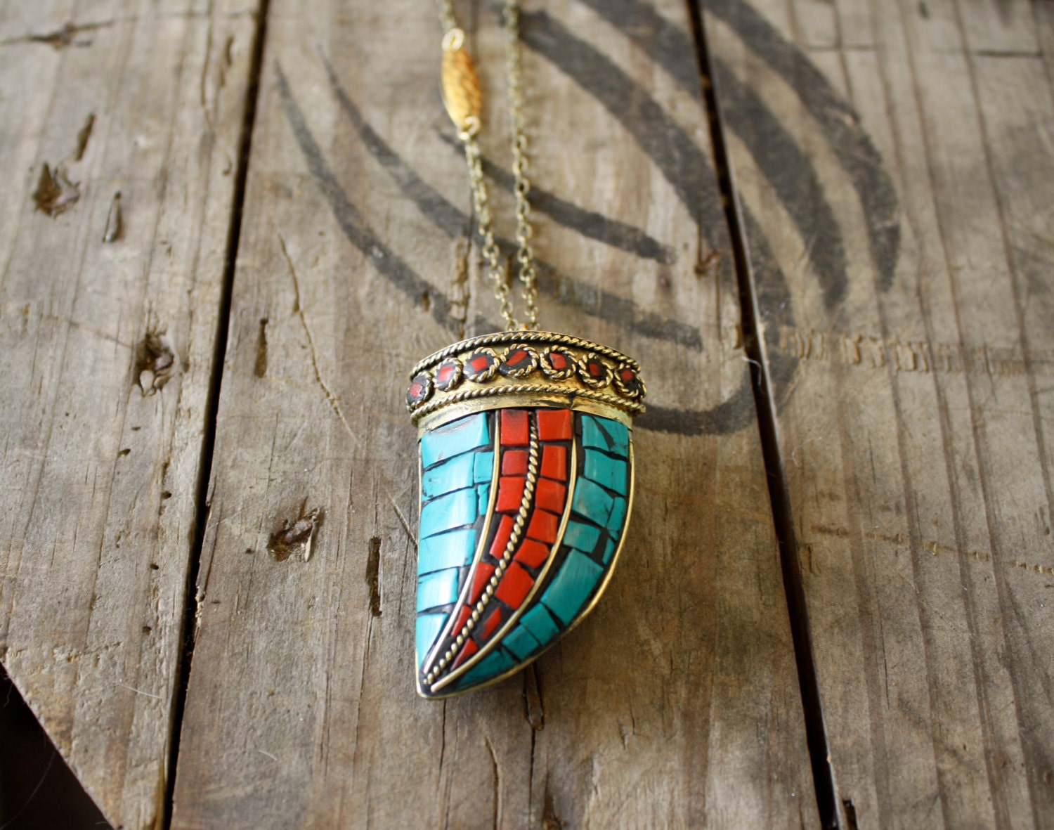 Turquoise and Coral Short Horn Necklace