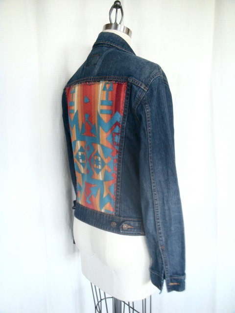 Dark Levi Button-Up Denim Jacket w/ Handstitched Pendleton Pockets & Back.