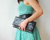 Large Black Australian Lamb Leather Clutch.  Foldover Bag.