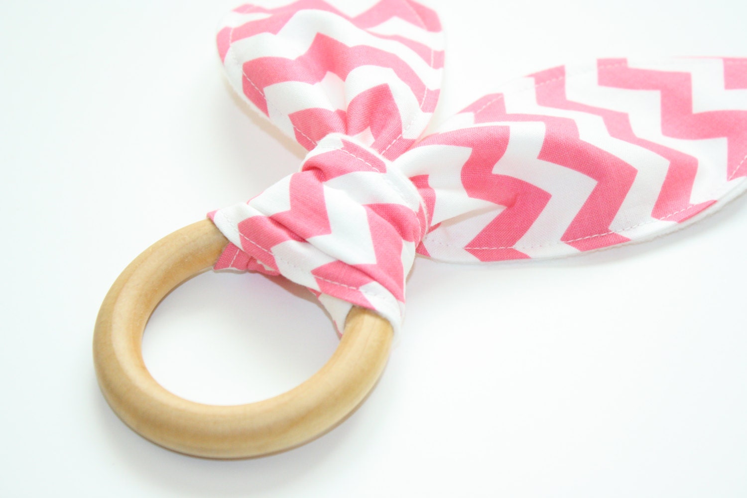 Natural Organic Treated Wooden Teething Ring - Chevron in Hot Pink and Organic Flannel - Over 100 Fabric Choices