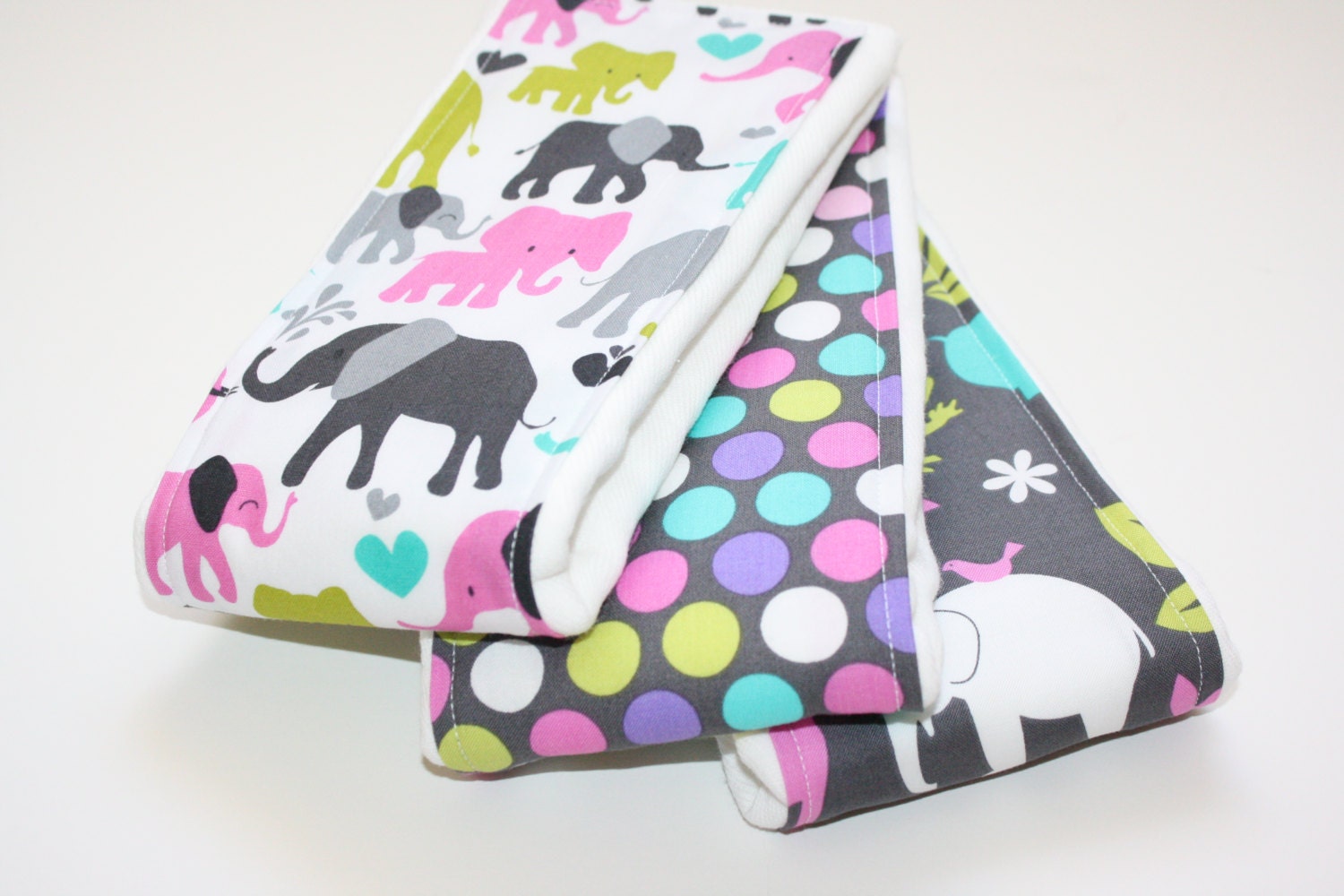 Baby Burp Cloths- Set of 3 - Michael Miller Zoology in Orchid, Elephant Walk and Polka Dots