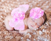 Pink newborn butterfly wings photo prop with matching headband sparkle jeweled ready to ship today
