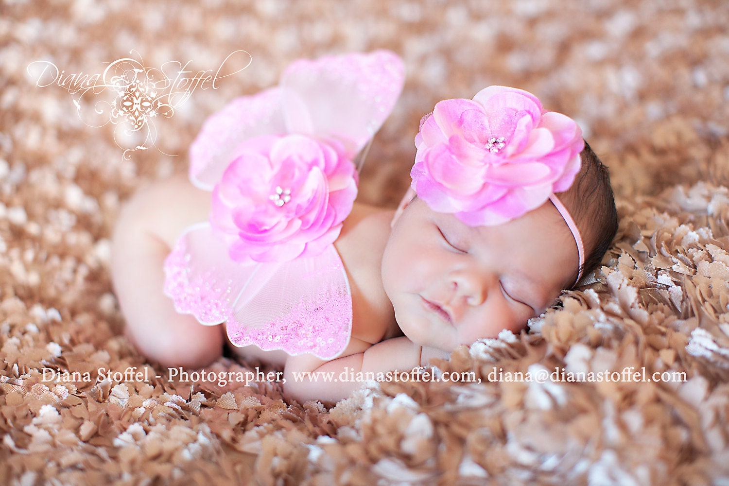 Pink newborn butterfly wings photo prop with matching headband sparkle jeweled ready to ship today