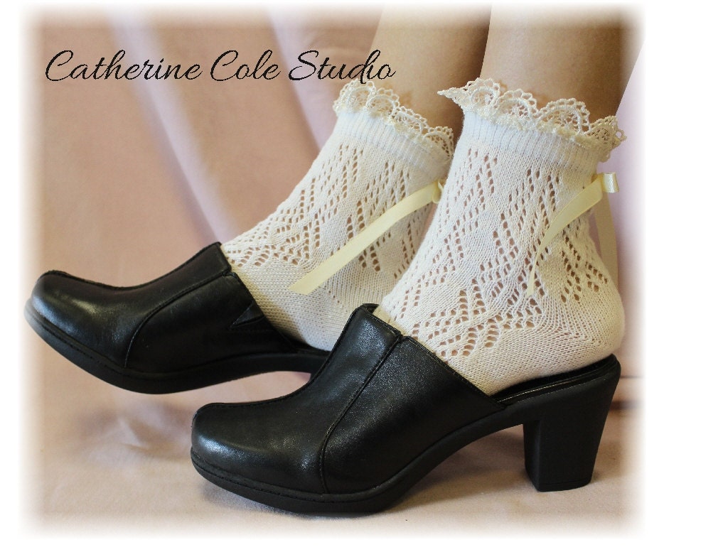 Pointelle Paris Peek a Bow  Lace socks for heels CREAM Baby doll, 80"s inspired  crochet lace socks flats or heels Catherine Cole Studio CS5