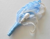 Wedding Groomsmen Boutonniere Sky Blue White ivory Feather Boutonniere Lapel Pin Buttonhole