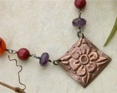 Handmade Amethyst, Carnelian, Ruby Jade, Copper & Sterling Silver Necklace