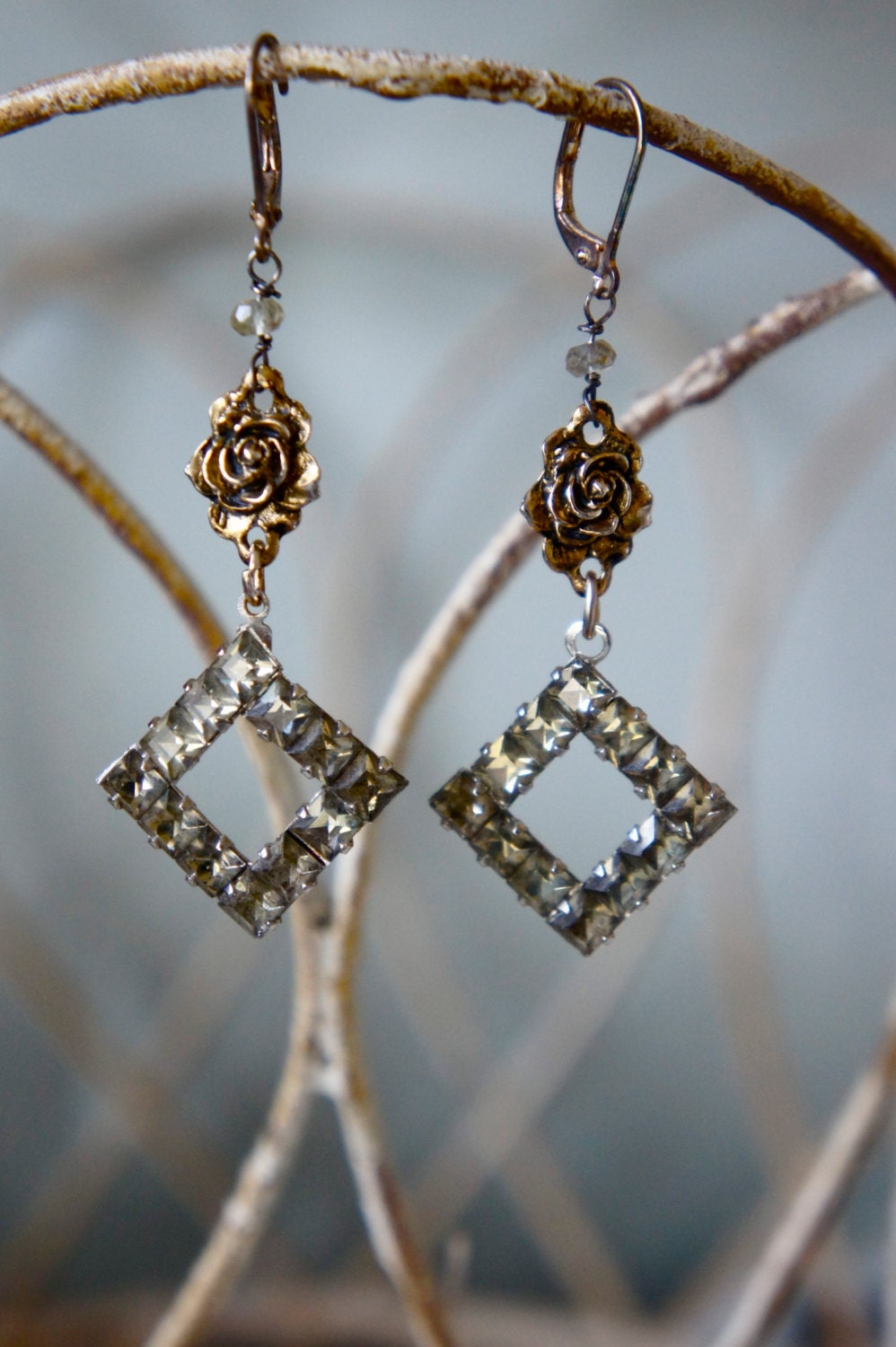 Vintage assemblage earrings diamond shaped rhinestones brass flower gemstones assemblage jewelry -  by French Feather Designs.