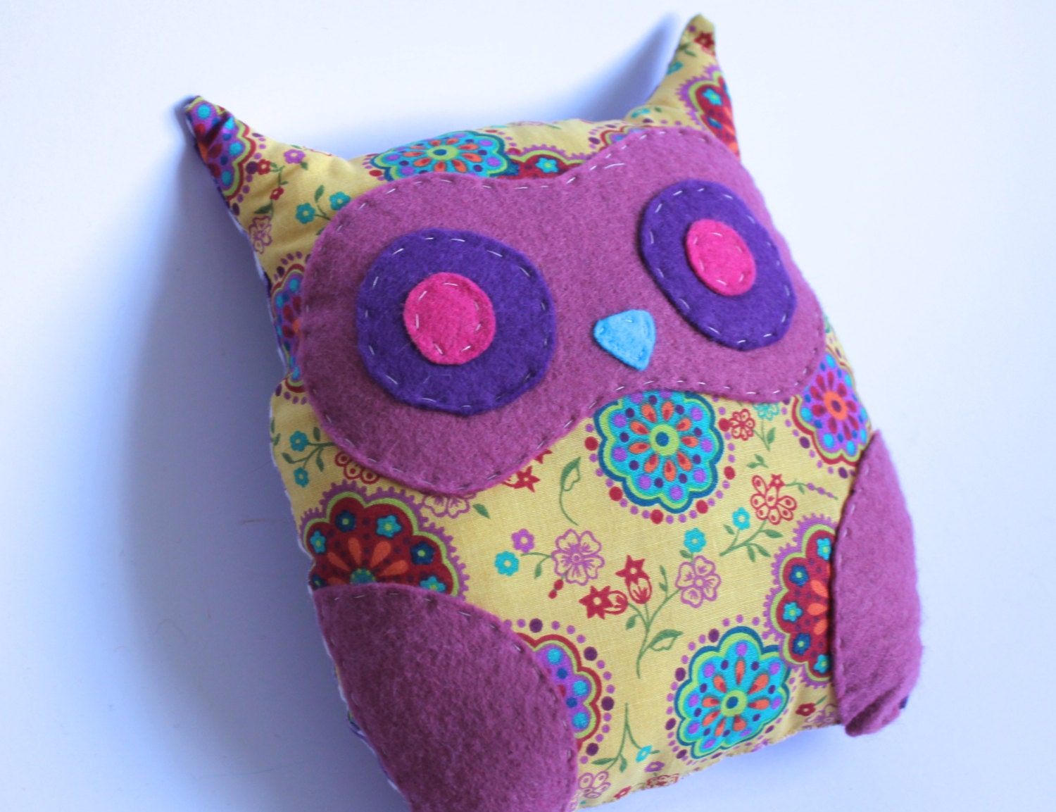 Sweet Owl Pillow in Colorful Flower Fabric. Hand Sewn Features. Great for a Nursery or Child's Room.