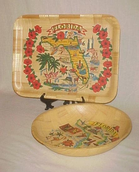 Vintage Florida Souvenir Carrib Novelty Bamboo Bowl and Tray