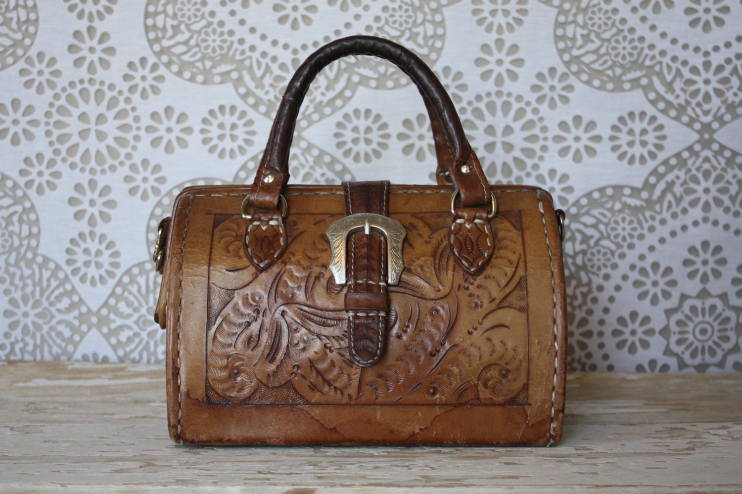 Vintage Tooled Leather Doctors Bag Style Purse with Western Buckle - pursuingandie