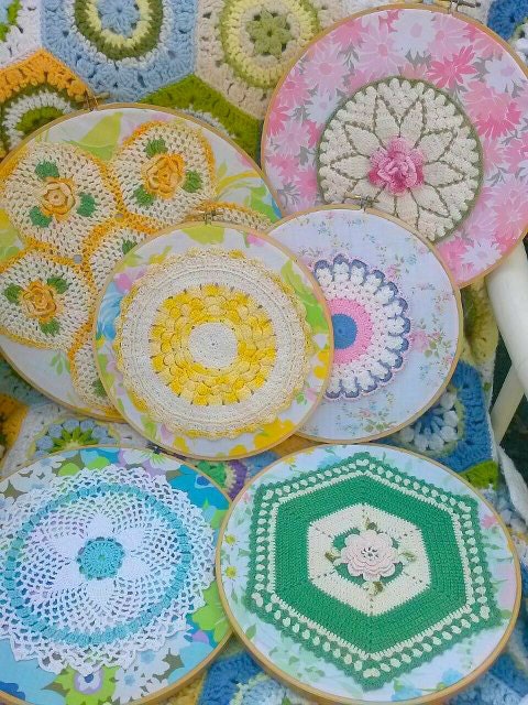 Hand Crafted Hoop- Wall Hanging- Vintage Sheets- Crocheted Doilie