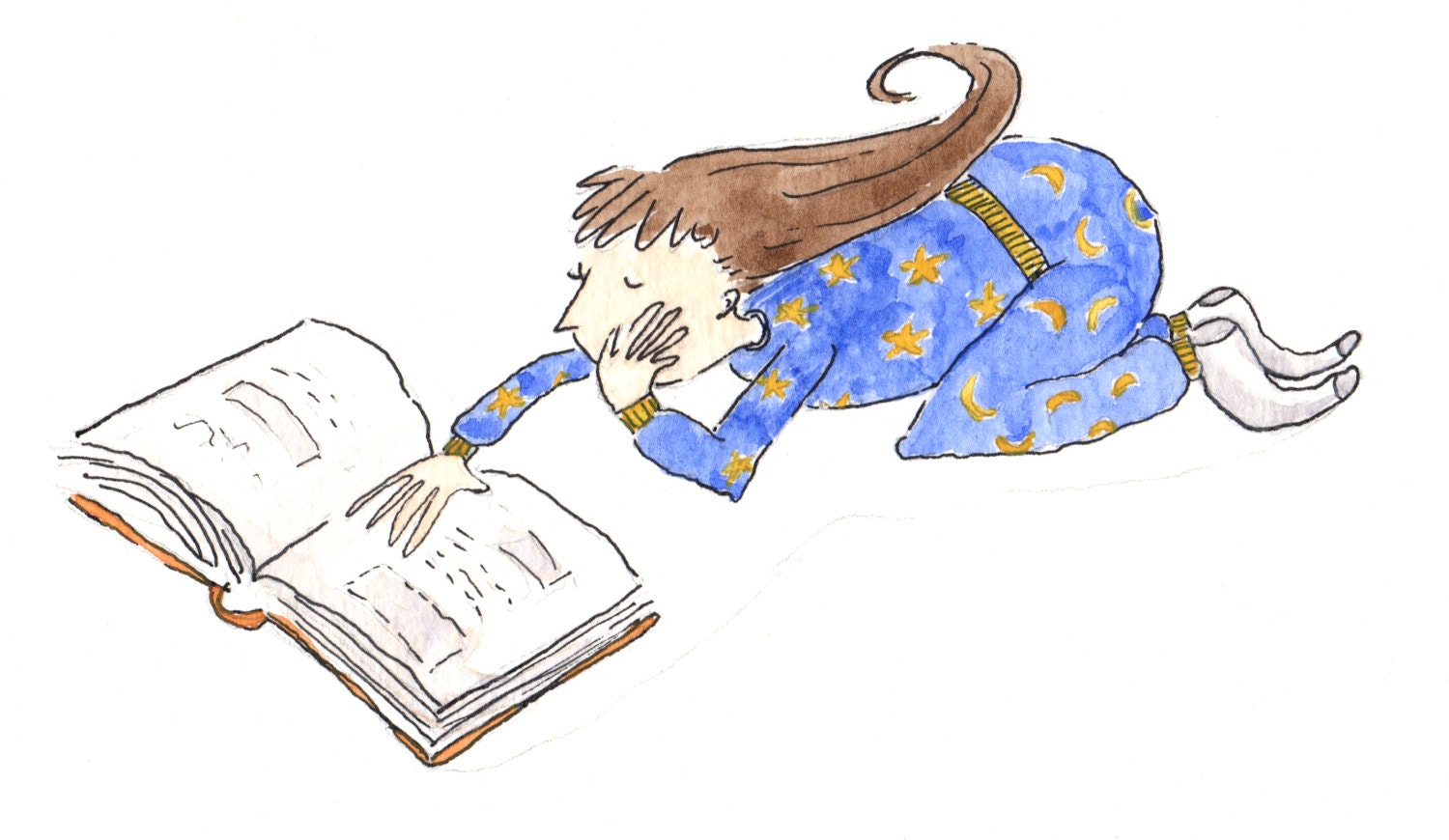 Child Reading in Pjamas, watercolour print 5 x 7 note card