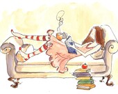 Woman on Chaise Reading, Book Lover Illustration, watercolour print, 5 x 7 note card