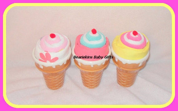 3 Sweet Baby Boy OR Girl Onesie and Washcloth Ice Cream Cones-Fun Baby Shower Decoration