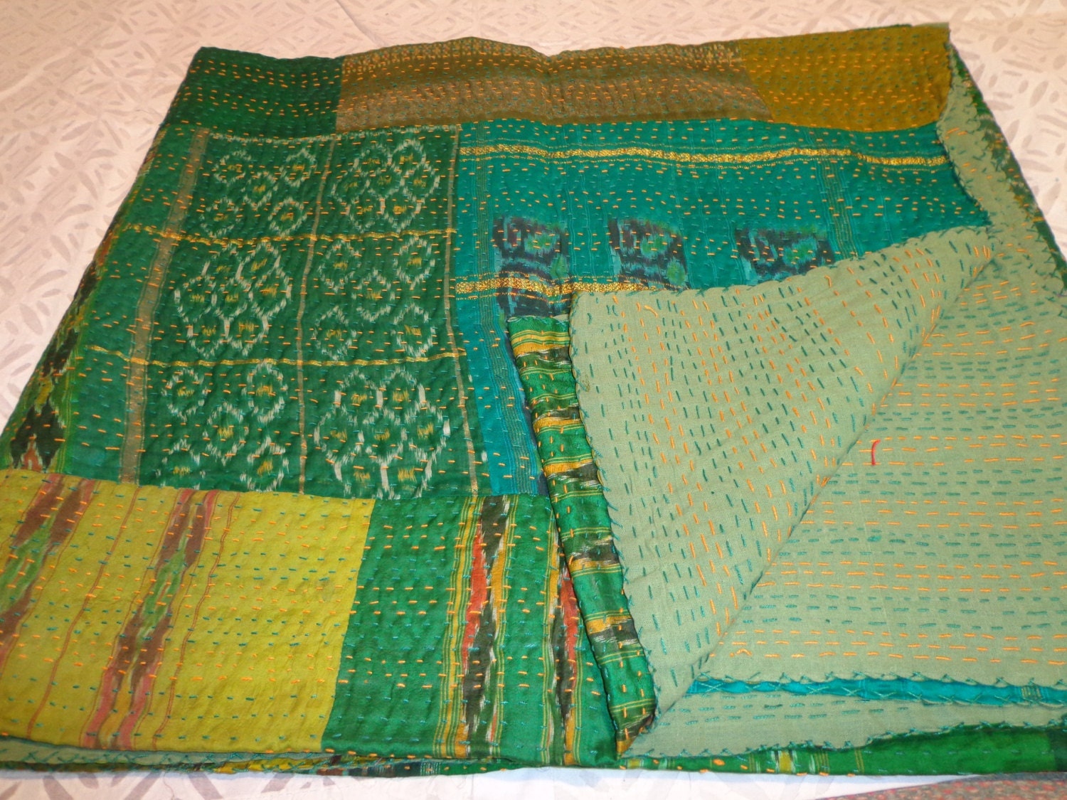 handmade sari silk pattola patchwork quilt throw