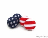 Stars & Stripes Patriotic Studs, 2prs fabric button earrings, red and white stripe studs, navy and silver stars studs , summer fashion