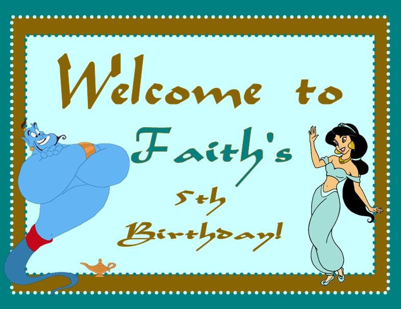 Princess Jasmine and Aladdin Printable girl birthday party WELCOM SIGN DOOR personalized Il_570xn
