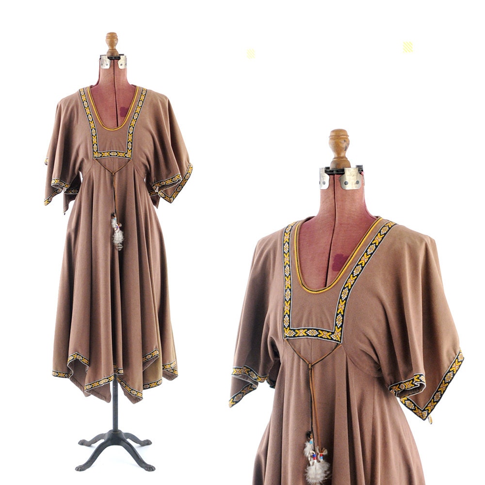 Vintage 1970's Taupe Brown Feather Festival Bohemian Ethnic Flair Dress M
