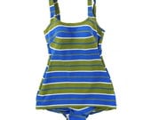 Vintage 1960's Summer Beach Green & Blue Striped MOD Pin Up Bathing Swimsuit S