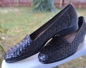 Vintage Black Leather Crosshatch Flats - 7 1/2
