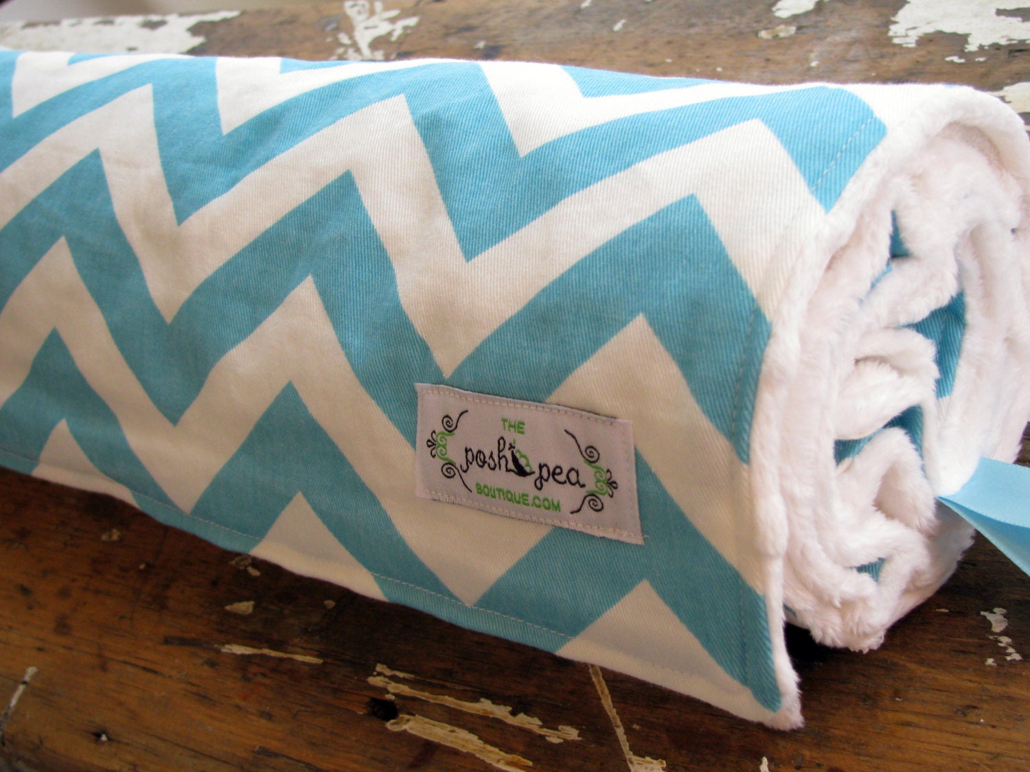 Baby Blanket - Chevron Zig Zag - Turquoise Blue - CHOOSE Minky or Chenille Back