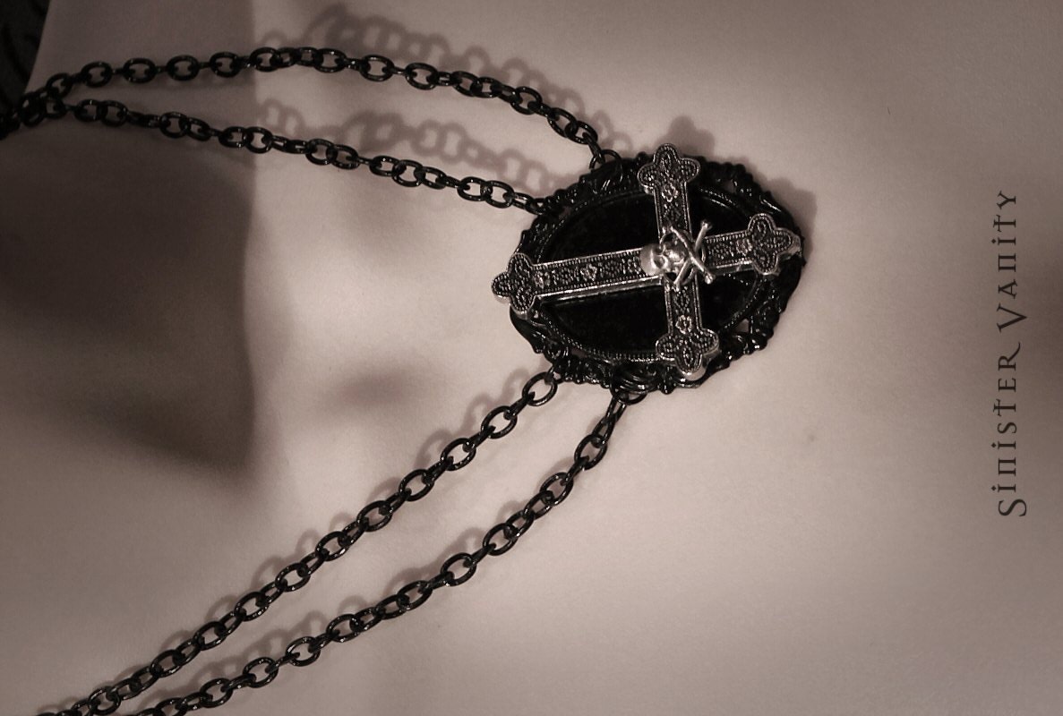 Gothic Cross Necklace Skull Crossbones Inverted Cross Occult Jewelry