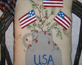 Primitive AMERICANA Handpainted Pillow Tuck Patriotic Folk Art Flags Red Berries Crock