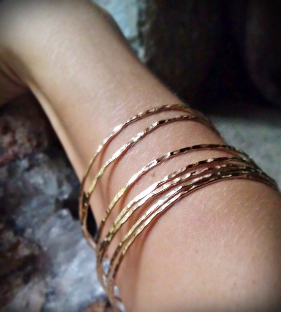 Hammered Gold Bangles 14k Gold FIlled Stack of 10