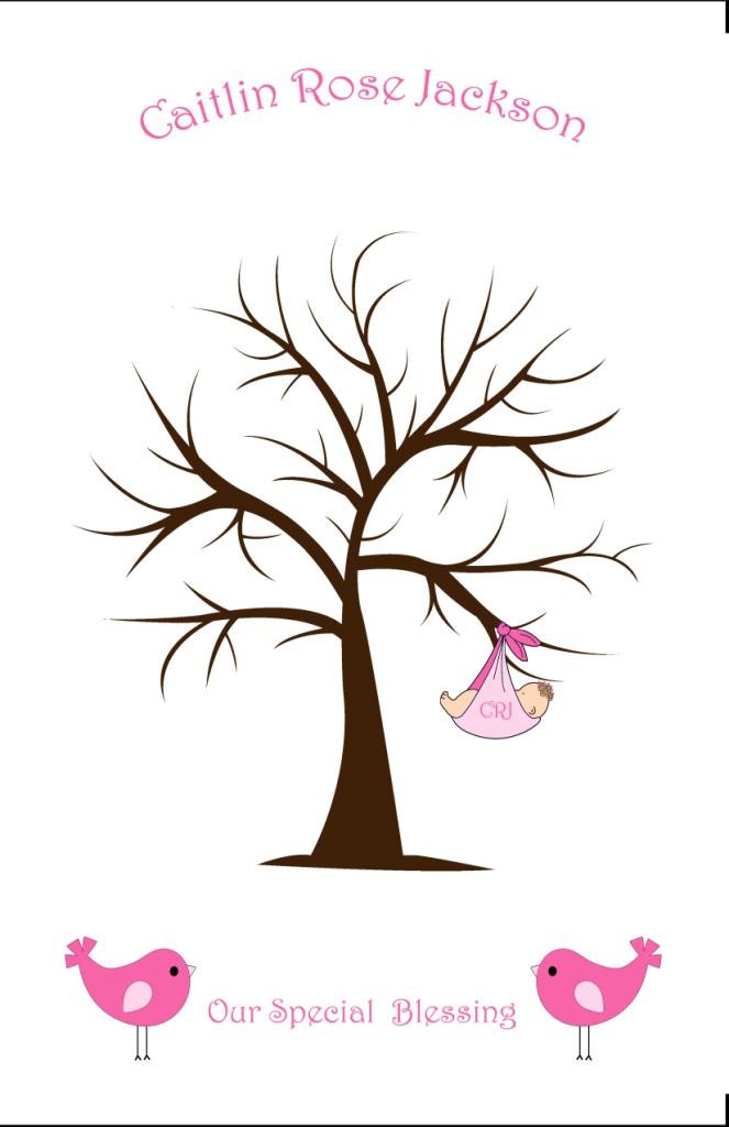 Baby Guest Book alternative, Sweet Thumbprint Tree, Fingerprint Tree with Baby Girl and Birds, 11x17 for Baby Shower Poster Guestbook