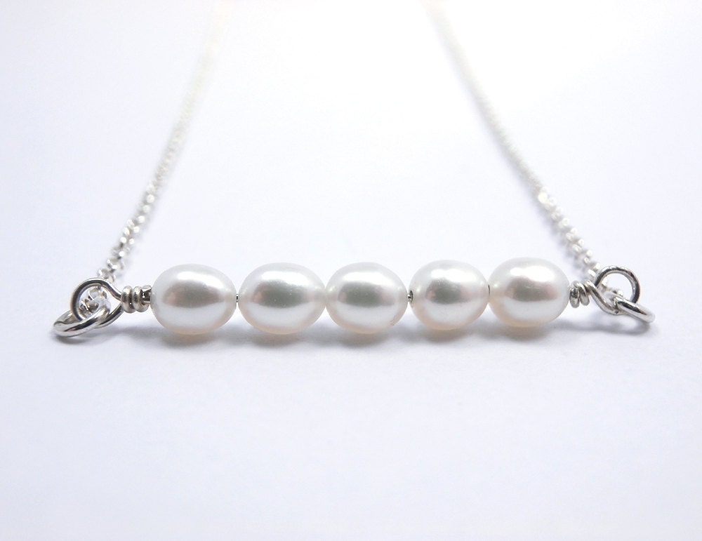 Pearl Bar Necklace, Horizontal  Bar, Chain, Sterling Silver -  Mother gift, Anniversary, Wedding, Bridesmaid Gift, Delicate Fine Jewelry