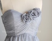 Bridesmaid Dress/party dress/strapless  dress/knee length/grey Strapless Prom/ handmade flower gray Wedding(B001)