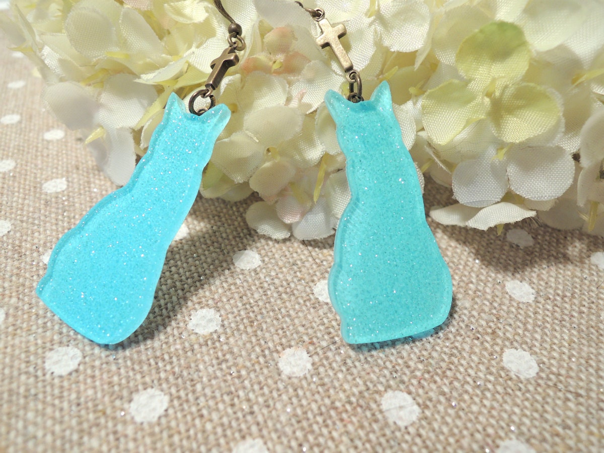 Cat earrings with cross and glitter . aqua blue . Monsieur Chat