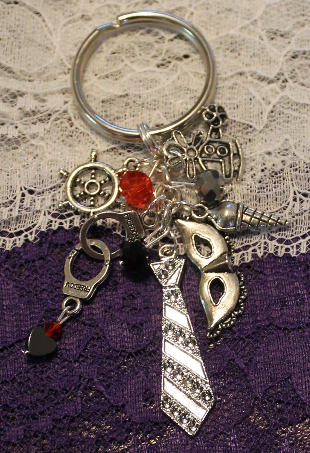 Fifty Shades of Grey Inspired Keychain Anastasia Christian Tie Handcuffs Charlie Tango Mask Ice Cream