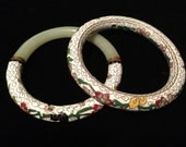 Set of Two Chinese Export Natural Jade and White Cloisonne Bangle Bracelets