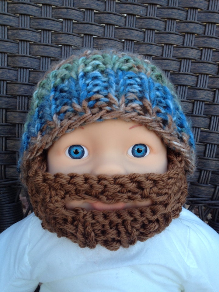 SALE Baby Bearded Beanie - Blue Green Brown Hat W/ Medium Brown Beard 5-12 Months Beard face mask 