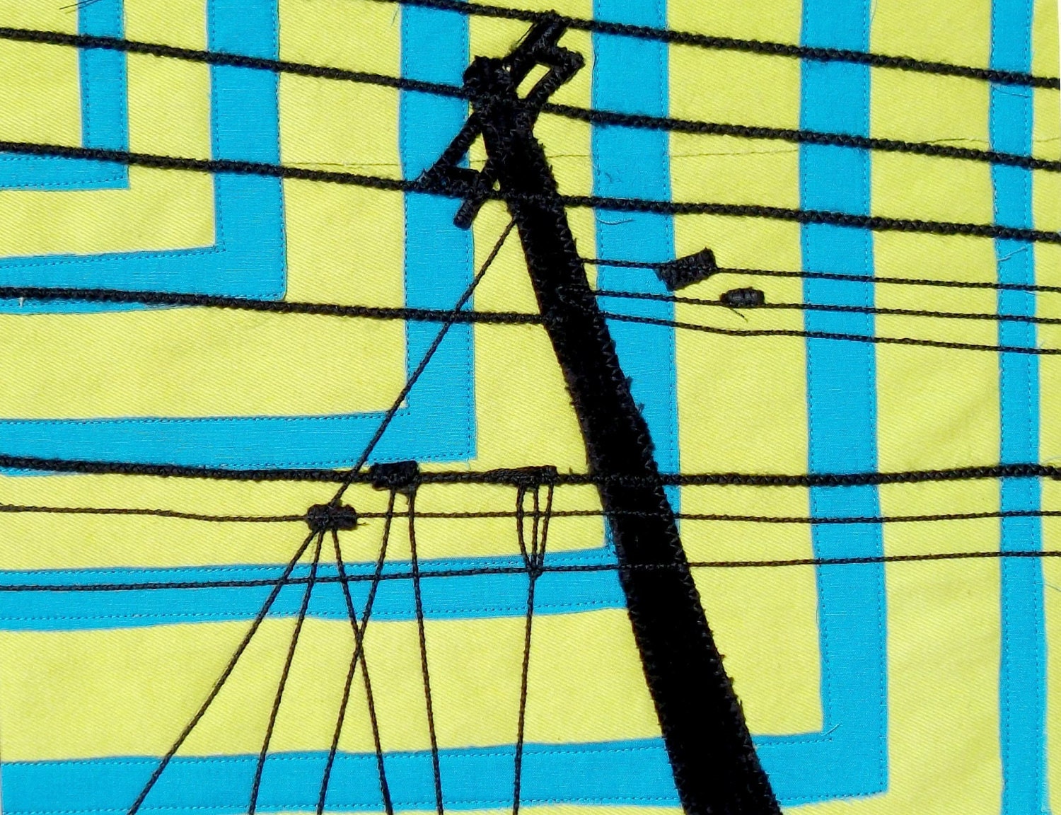 Fabric Art, "Cross Paths" 8x10 inch, recycled fabric art, telephone pole art, OOAK, black mat