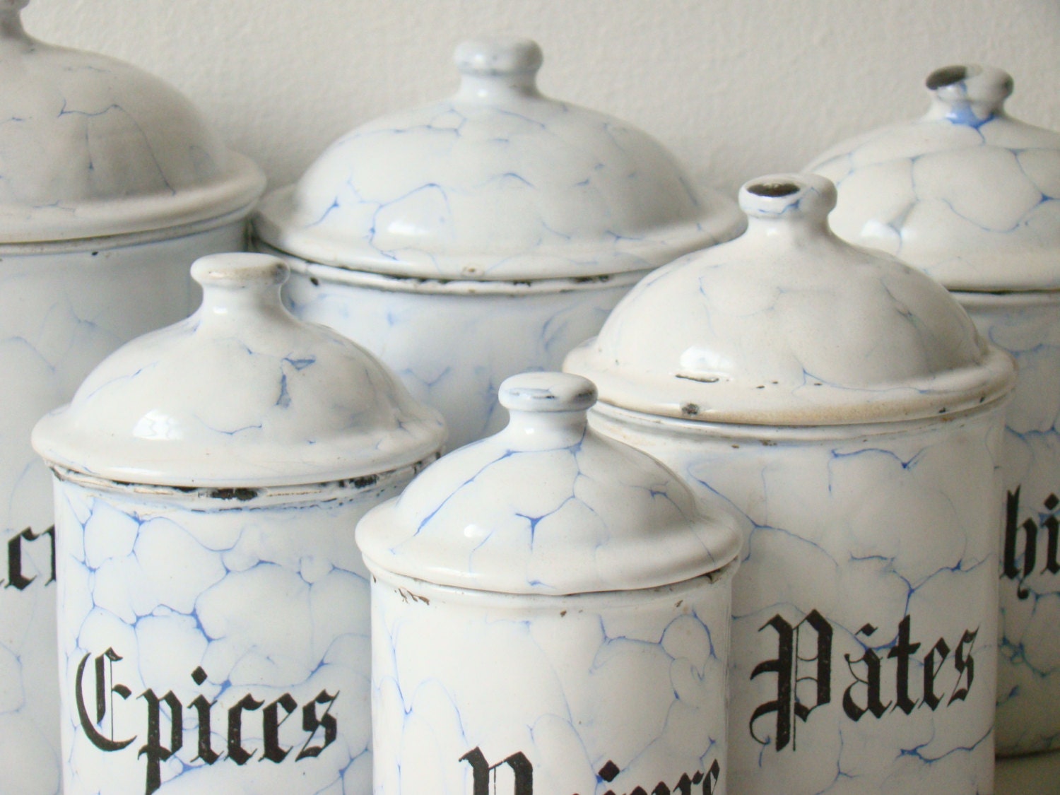 antique french enamel kitchen canisters, six vitreous enamel canisters, blue chickenwire, french shabby chic kitchen storage - culturalpollination