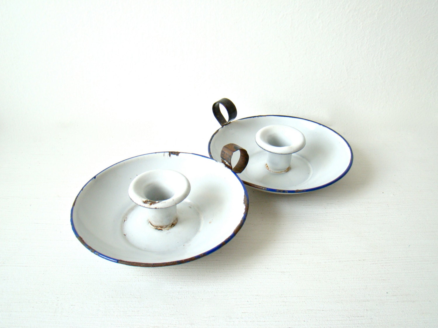 two antique enamel candle holders, pair of white and blue french candle holders with finger hook, french shabby chic home decor