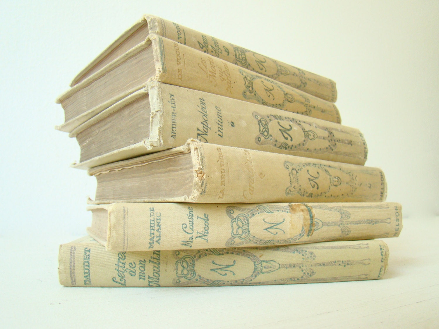 six tattered romantic french decor, neutral summer shades, beach decorating, Nelson collection, 1910s, pale yellow french books