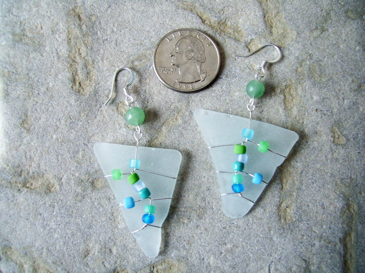 Beach Glass Earrings with beads in sea colors
