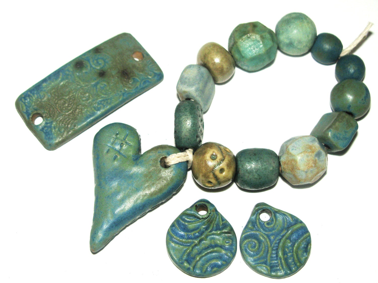 Set of 12 Handmade Ceramic Stoneware Beads Textured Bracelet Cuff Earring Components