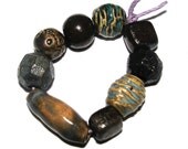 9 x Handmade Ceramic Stoneware Bead Set Brown Blue Earthy Rustic Primitive